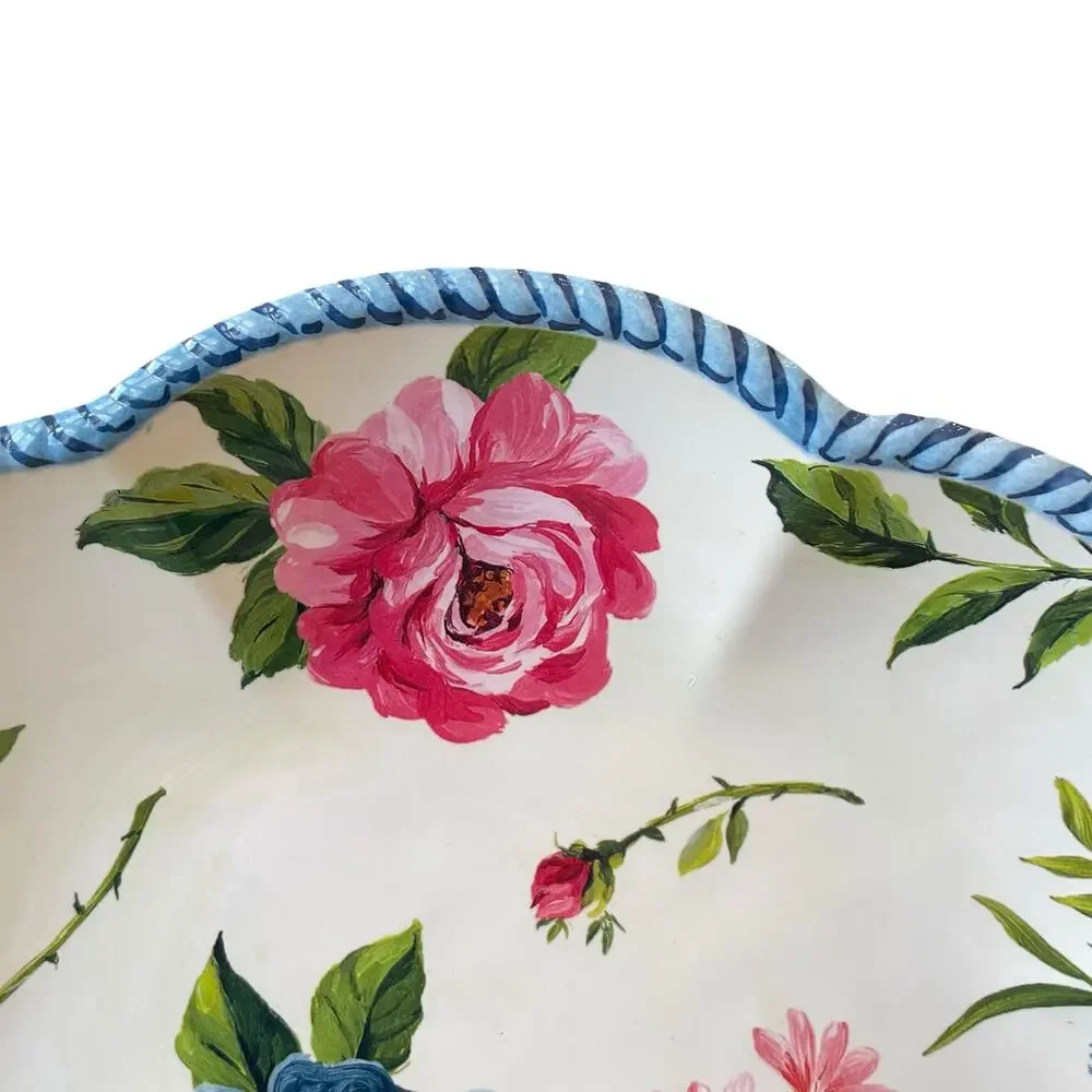 NEW Shabby Chic Floral Melamine Dinner Plates 11in Set of 4 Spring Blue Border